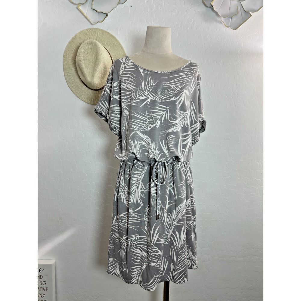 Hilary Radley Short Sleeve Drawstring Waist Mini Dress-Gray L  soft flowy casual
